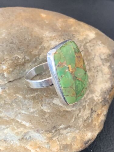 Adjustable Navajo Green Mojave Turquoise Ring | Sterling Silver | Sz 8 | Authentic Native American Handmade | 11785
