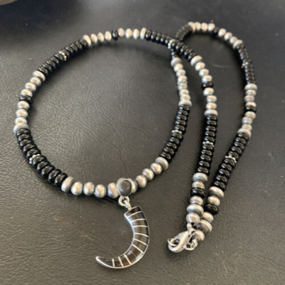 Navajo Inlay Pendant | Sterling Silver Black Onyx Necklace | Authentic Native American Handmade | 12281