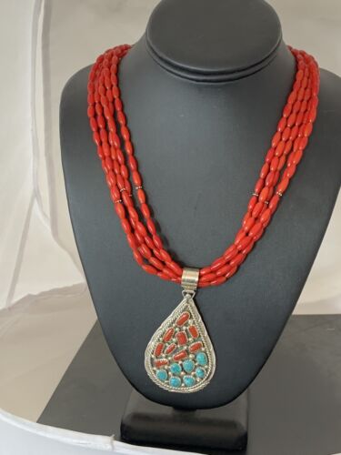 Navajo Coral Turquoise 5-Strand Necklace | Sterling Silver | Authentic Native American Handmade | 00510