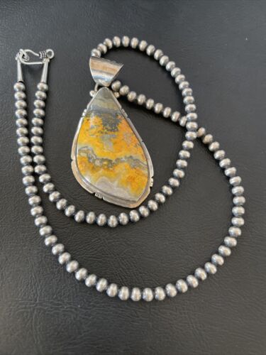 Men's Navajo Pearls Necklace with Bumblebee Jasper Pendant | Sterling Silver | Authentic Native American Handmade | 10556