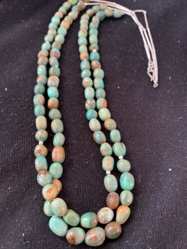 Navajo Sterling Silver Heishi Green Turquoise 2 Strand Bead Necklace | Authentic Native American Handmade | 00871