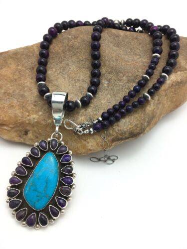 Navajo Purple Sugilite Turquoise Necklace | Sterling Silver | 23" | Authentic Native American Handmade  | 1001