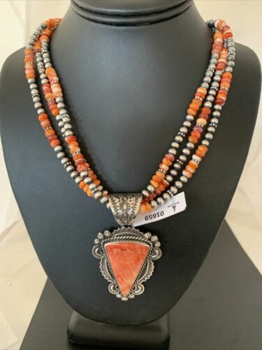 Navajo Red Spiny Oyster Pendant | Sterling Silver | Native American Handmade | Multi-Strand Necklace | 1659