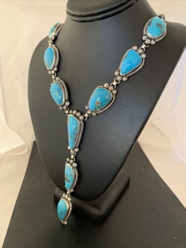 Navajo Kingman Turquoise Pendant Lariat Necklace | Sterling Silver Navajo Pearls | 1188