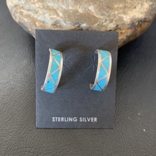 Zuni Blue Turquoise Inlay Hoop Earrings | Sterling Silver | 0.50" | 12755