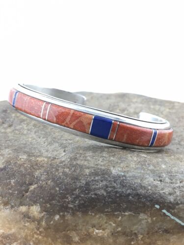 Native American Spiny Oyster & Lapis Inlay Bracelet | Navajo Sterling Silver | 4544