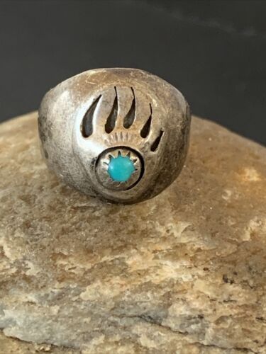 Native American Old Pawn Navajo Bear Paw Blue Turquoise Ring | Sterling Silver | Sz 6 | 2171