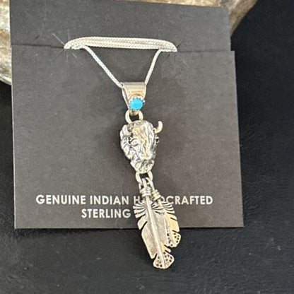 Navajo Buffalo Turquoise Pendant | Sterling Silver | Authentic Native American Handmade | 18" | 14686