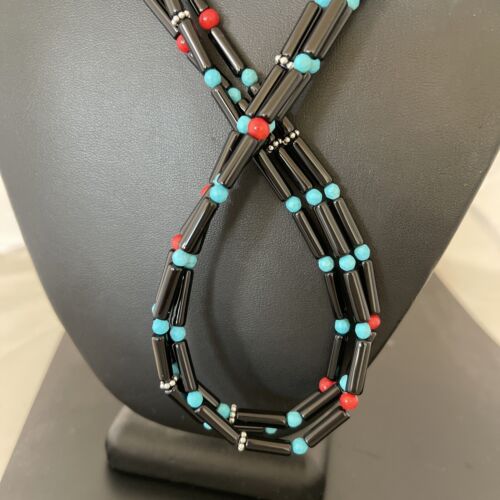 Navajo Black Onyx Coral Turquoise Bead Necklace | 3-Strand Sterling Silver | 24" | 1230