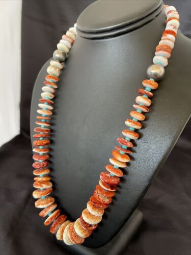 Navajo Turquoise & Red Spiny Oyster Necklace | Sterling Silver | Authentic Native American | Graduated | 20" | 10590