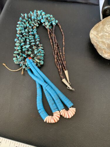 Native American Santo Domingo Spiny Blue Turquoise Shell Jacla Necklace | 3-Strand 27" | 12495