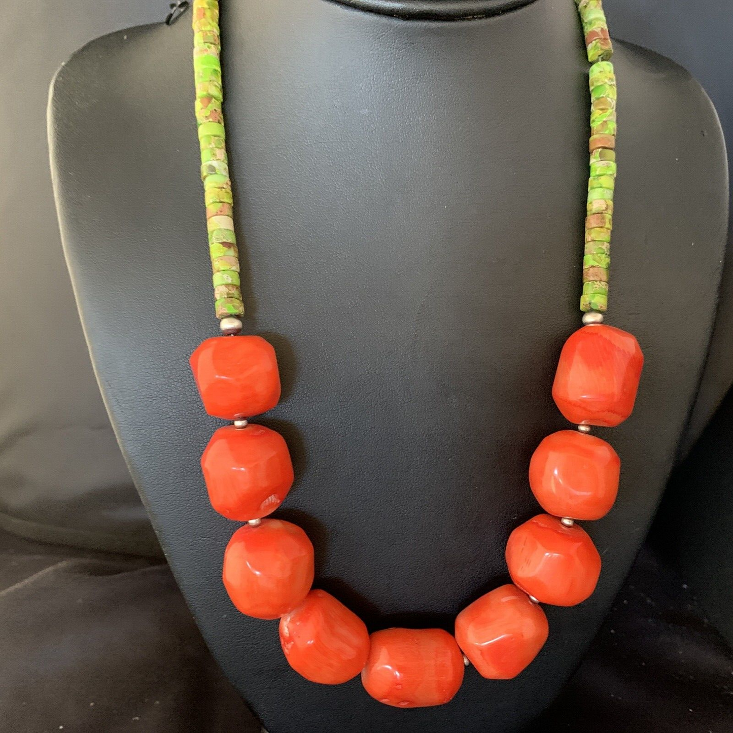 Navajo Green Gaspeite | Coral Pendant Necklace | Sterling Silver | Authentic Native American Handmade | 20" | 13955