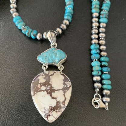 Men's Navajo Pearl Necklace Pendant | Sterling Silver | Blue Turquoise & Wild Horse Multi-Stone | 11756