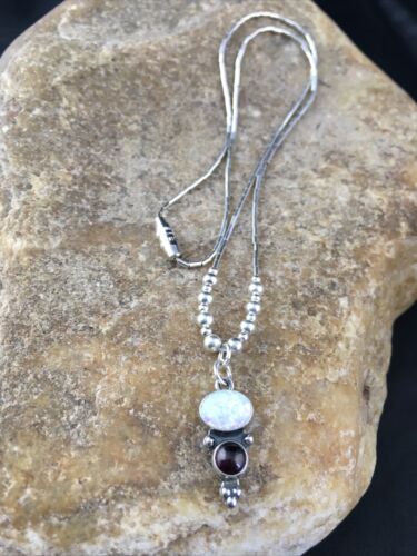 Children's Sterling Silver Necklace with Opal Garnet Pendant | 15" | Authentic Native American Handmade | 10132 - Masha USA