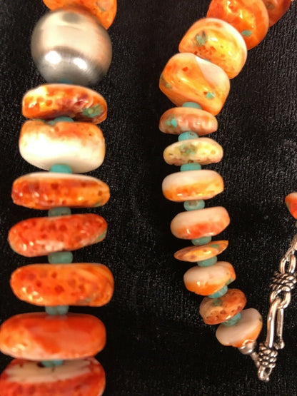 Navajo Orange Spiny Oyster Turquoise Necklace | Sterling Silver | Native American Handmade | 22" | 01822 - Masha USA