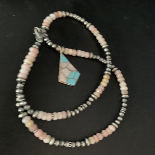 Navajo Mother of Pearl Turquoise Inlay Pendant with Pink Opal Bead | Sterling Silver Necklace | 13456