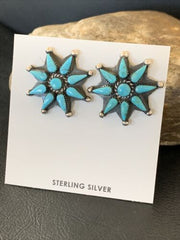 Navajo Blue Cluster Turquoise Stud Earrings | Sterling Silver | Authentic Native American Handmade | 12303