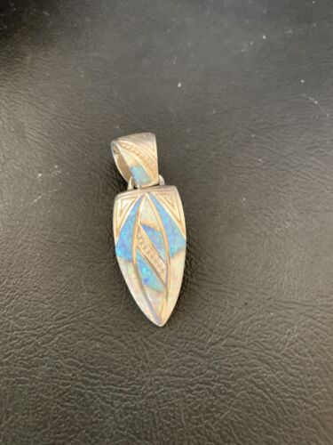 Navajo White Blue Opal Inlay Pendant | Sterling Silver | Authentic Native American Handmade | 12477