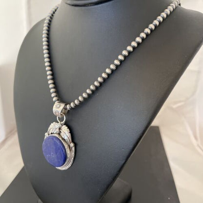 Native American Men's Necklace | Sterling Silver Navajo Pearls with Blue Lapis Pendant | 1525