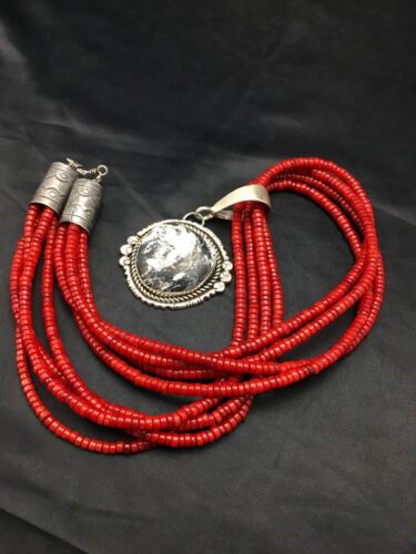 Navajo White Buffalo Turquoise Pendant with Coral | 4-Strand Silver Necklace | Authentic Native American Handmade | 3848