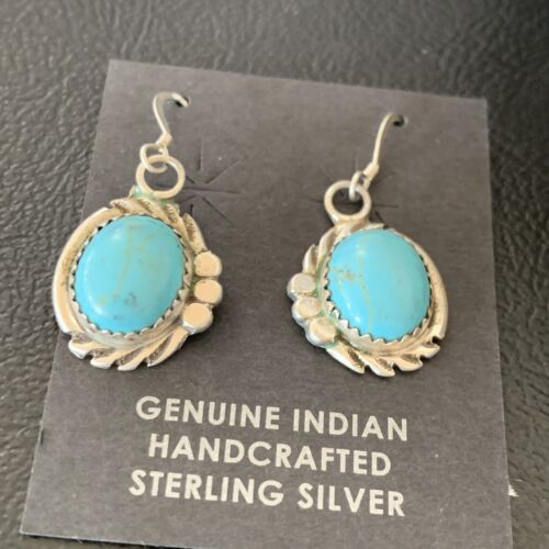 Navajo Blue Turquoise Dangle Drop Earrings | Sterling Silver | 1" | Authentic Native American Handmade | 12746