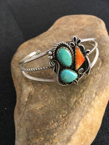 Navajo Spiny Oyster & Turquoise Bracelet | Sterling Silver | Authentic Native American Handmade | 8846