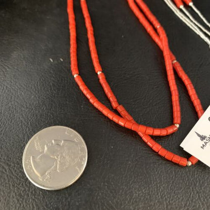 Navajo Red Coral Liquid Heishi Necklace | 2 Strands Sterling Silver Tubes | 22" | Authentic Native American Handmade | 768