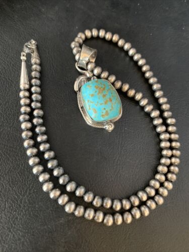 Men's Blue Turquoise #8 Necklace Pendant | Sterling Silver Navajo Pearls | Native American Handmade | 13765