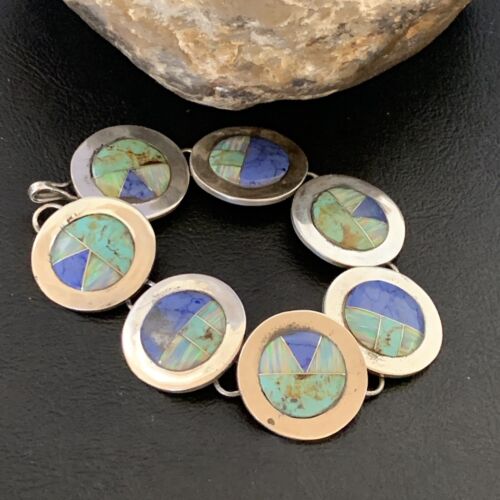 Navajo Opal Turquoise Blue Lapis Inlay Link Bracelet | Sterling Silver | 8" | Authentic Native American Handmade | 12654