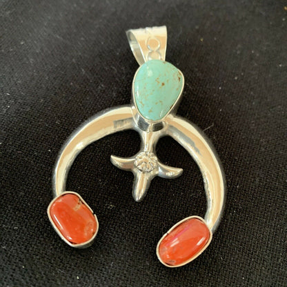 Navajo Pearls Necklace with Royston Turquoise & Coral Naja Pendant | Sterling Silver | 01428