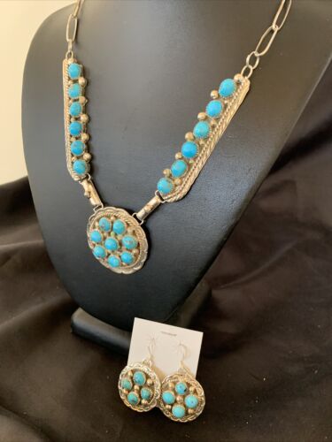 Navajo Blue Kingman Turquoise Necklace & Earrings Set | Sterling Silver | Authentic Native American Handmade | 2113