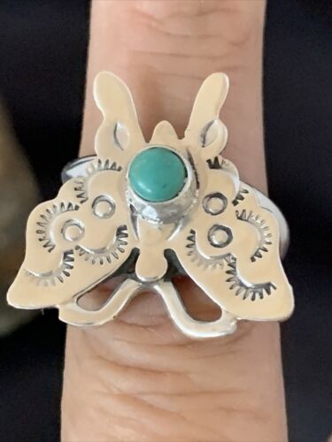 Navajo Blue Turquoise Butterfly Ring | Sterling Silver | Sz Adj 7 | Authentic Native American Handmade | 10676