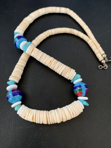 Authentic Native American Santo Domingo Shell & Turquoise 3-Bead Pendant Necklace with Pearls | 20" | 12524