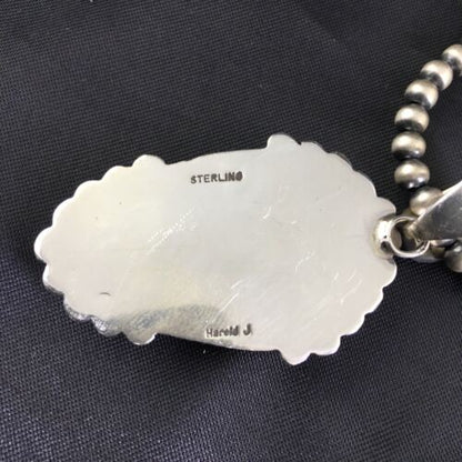 Navajo Pearls Sterling Silver Necklace with Blue #8 Turquoise Pendant | 2.7" | Authentic Native American Handmade | 10151