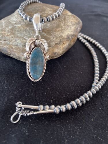 Men's Navajo Sterling Silver Beads Necklace | Denim Lapis Pendant | 2" | Authentic Native American Handmade | 1211