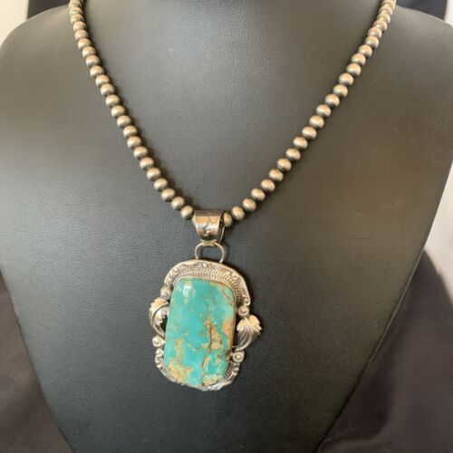 Navajo Pearls Necklace with Blue Royston Turquoise Pendant | Sterling Silver | Native American Handmade | 12289