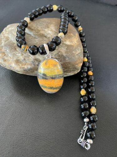 Men's Navajo Pearls Onyx Bumblebee Jasper Necklace Pendant | Sterling Silver | Native American Handmade | 10323