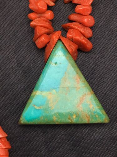 Kingman Turquoise and Coral Pendant Necklace | Sterling Silver | Old Pawn | 19" | 4008