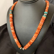 Navajo Pearls Sterling Necklace | Red Spiny Oyster & Turquoise Pendant | 24" | 11327