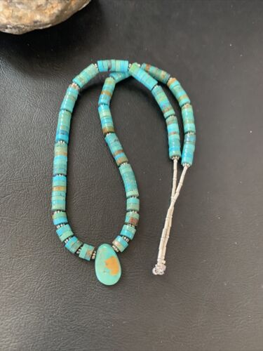 Navajo Green Turquoise Heishi Necklace | Sterling Silver | 22" | Authentic Native American Handmade | 11814