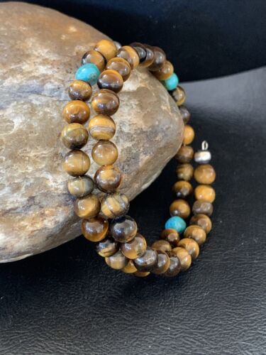 Stainless Steel Memory Wire Bracelet | Tiger's Eye & Turquoise | Southwestern Navajo Style | 1419
