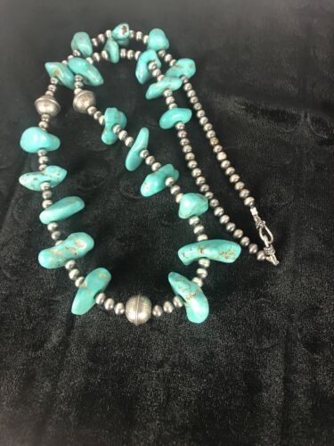 Southwestern | Santo Domingo Kingman Turquoise Bead Necklace | Authentic Native American Handmade | 26" | Quinta 8348