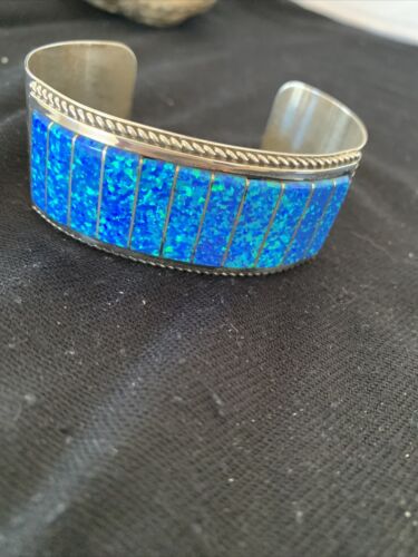Zuni Blue Faux Opal Inlay Cuff Bracelet | Sterling Silver | Authentic Native American Handmade | 01024