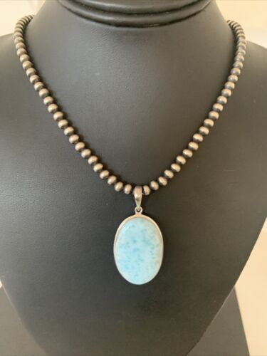Navajo Blue Larimar Pendant Beads Necklace | Sterling Silver | Authentic Native American Handmade | 1763 - Masha USA