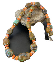 Navajo Green Turquoise & Orange Spiny Oyster Necklace | Sterling Silver | 23" | Authentic Native American Handmade | 1848