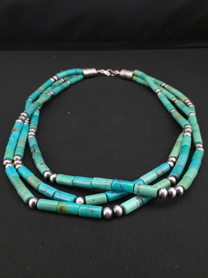 Navajo Turquoise Tube Bead Necklace | 3 Strand | Sterling Silver | 22" | Authentic Native American Handmade | 4790