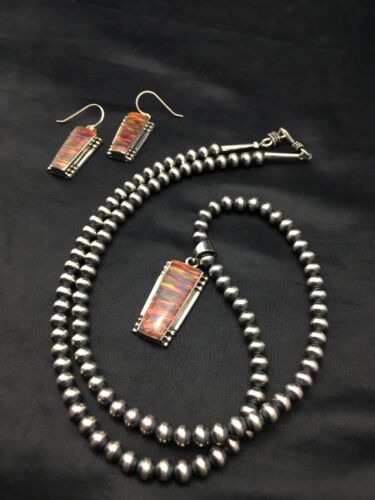 Navajo Red Opal Pendant Necklace & Earrings Set | Sterling Silver | Native American Handmade | 4402