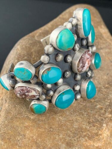 Men's Blue Turquoise Wild Horse Cuff Bracelet | Sterling Silver | Navajo Handmade | 4228 - Masha USA