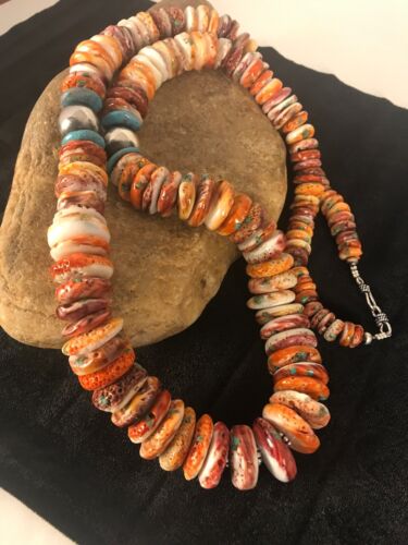 Handmade Turquoise & Spiny Oyster Necklace | Navajo Sterling Silver | Authentic Native American | 32"