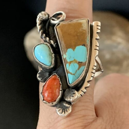 Southwestern Multi-Stone Men's Ring | Authentic Native American Sterling Silver | Turquoise & Spiny Oyster | Sz 11 | 02166
